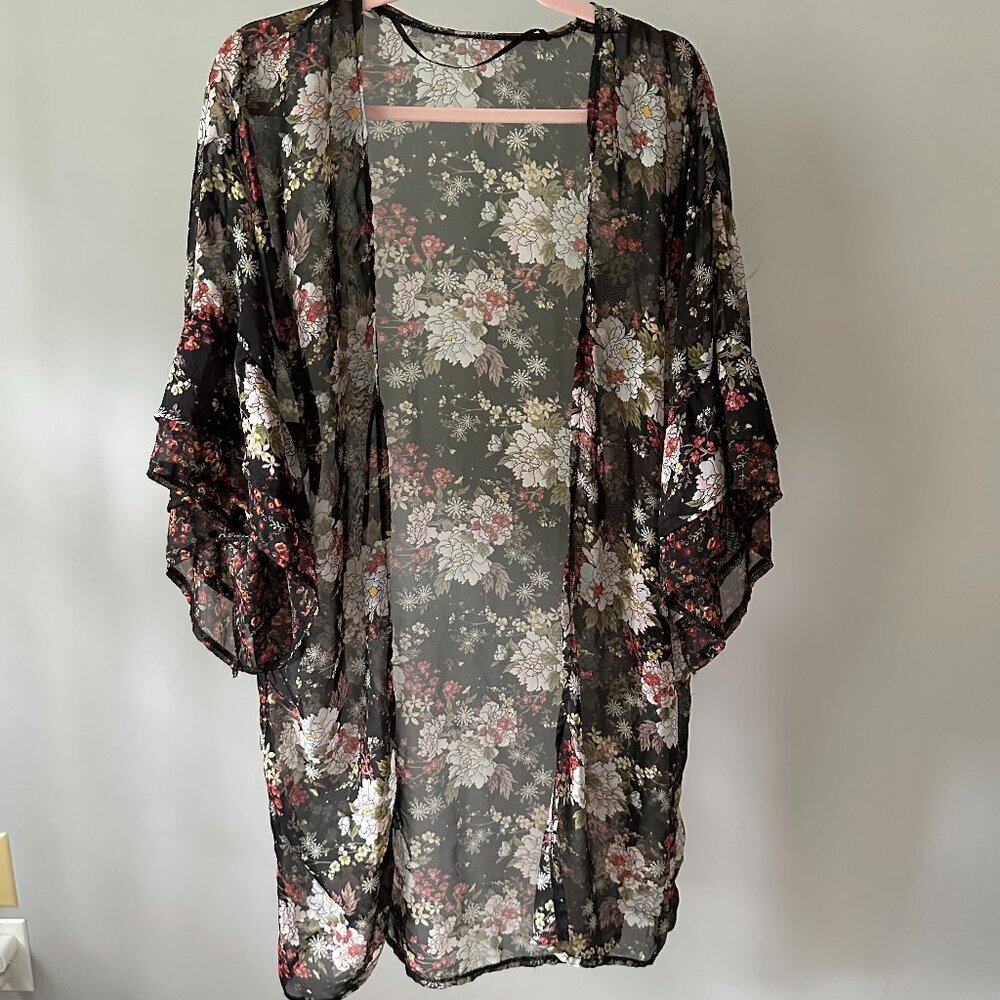 Boho Long Festival Kimono Floral Ruffle Sheer Artsy in One Size fairycore OS